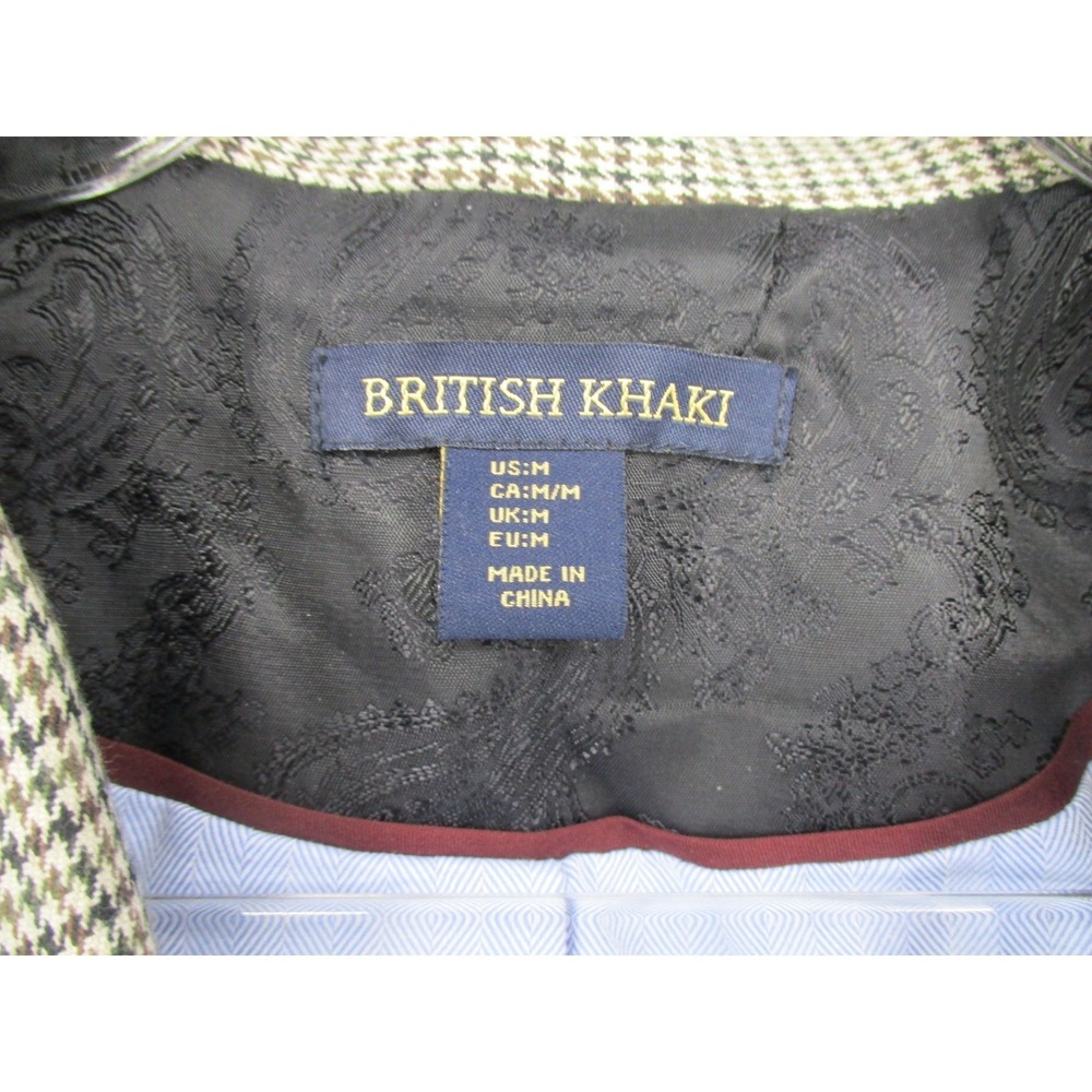 British Khaki Blazer Womens Medium Houndstooth Elbow Patch Academia Preppy Lined - Picture 9 of 10